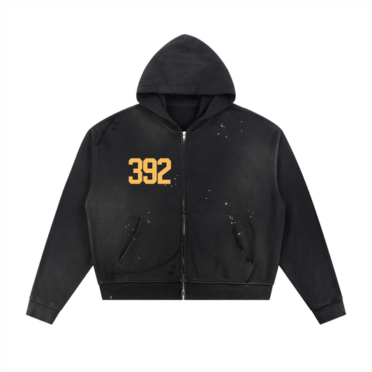 Sun Fade Frayed Raw Edge Fleece Zip Hoodie